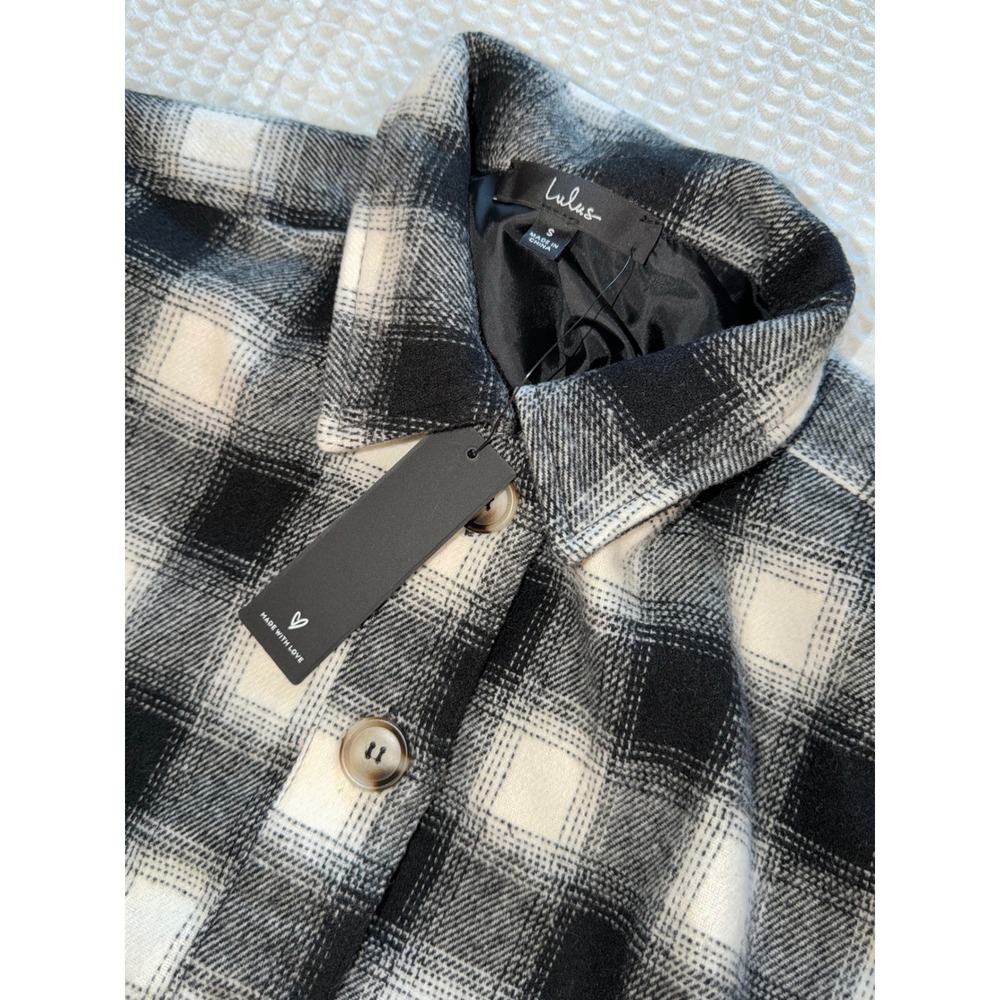 Lulus Plaid Shacket Jacket Womens Small Black White Belted Button Front New